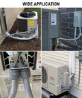 Four images showing Half Inch 10 Foot Non Metallic Liquid Tight AC Whip Kit With 10 AWG Copper Wire installed on outdoor HVAC units.