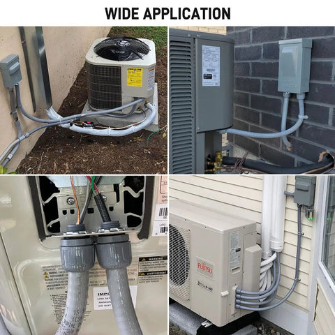 Straight Up Built Half Inch By 4 Feet Non Metallic Liquid Tight AC Whip Kit With Top Shelf 10 Gauge Copper Wire And Brass Fittings Ready To Roll For HVAC Setup installed on various AC units.