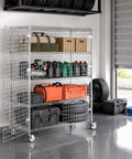 Heavy Duty Chrome Wire Security Cart Nsf Listed Mobile Storage Cage Kit Built Like A Tank For Warehouse Grocery Storage Featuring Rock Solid Mesh Design With Adjustable Shelves Handling Fifteen Hundred Pounds Daily Game Changer filled with tools and tires.