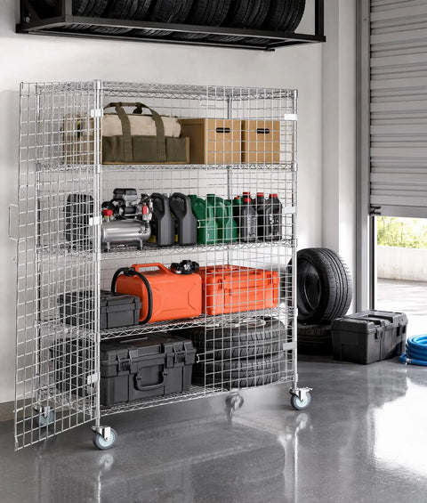 Heavy Duty Chrome Wire Security Cart Nsf Listed Mobile Storage Cage Kit Built Like A Tank For Warehouse Grocery Storage Featuring Rock Solid Mesh Design With Adjustable Shelves Handling Fifteen Hundred Pounds Daily Game Changer filled with tools and tires.