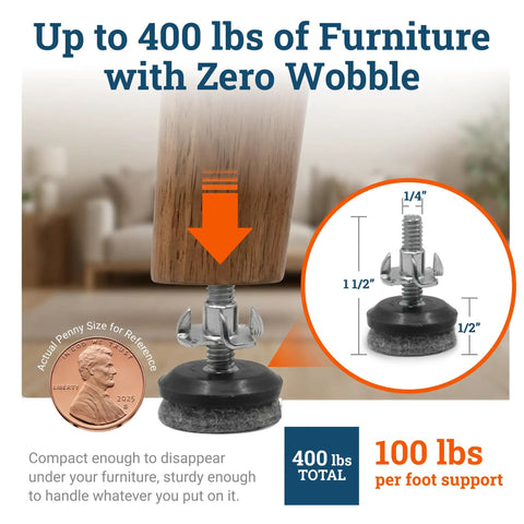 Reinforced 1/4-20 Thread Furniture Levelers 8 Pack With Thick Felt Pads Supports 400 Pounds close-up with penny for scale.