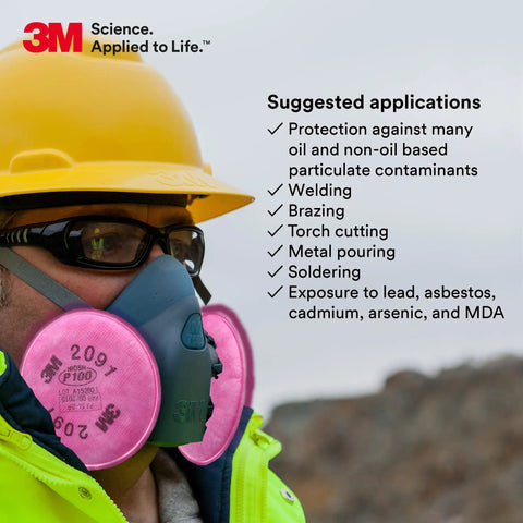 Worker wearing Pink P100 Particulate Filter 2091 For Your Respirator NIOSH Approved To Shield You From Lead Asbestos Cadmium Arsenic