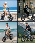 Riders enjoying the Beast Of A Foldable Electric Bike For Adults, 1000W Peak, 750W motor, 28 MPH, 14-inch, 48V 15Ah, black in various settings.