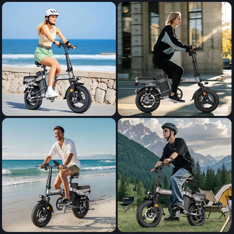 Riders enjoying the Beast Of A Foldable Electric Bike For Adults, 1000W Peak, 750W motor, 28 MPH, 14-inch, 48V 15Ah, black in various settings.