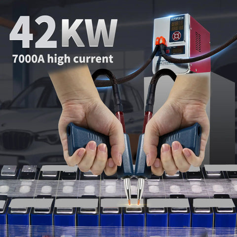 Hands using Beast Power Battery Spot Welder And Milliohm Meter For LiFePO4 Packs 42000W 7000A Welding Machine on battery cells