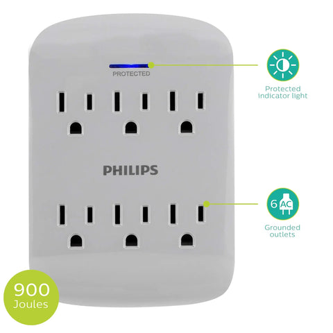 Six Outlet Surge Protector Extender, 900 Joules, 3-Prong Wall Tap, Space Saving Design, Protection LED Indicator, Pack Of 4, Grey