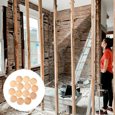 Wooden Screw Hole Plugs For Furniture Easy Install No Fuss Decorative Covers 50 Pack, shown in a home renovation scene