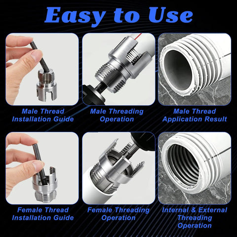 Cuthollow Comprehensive Pipe Threading Tool Set With Three Reamer Drill Bits And Matching Threaders For PVC Plumbing Repair Fits Electric Drills, showing threading guides and operations.