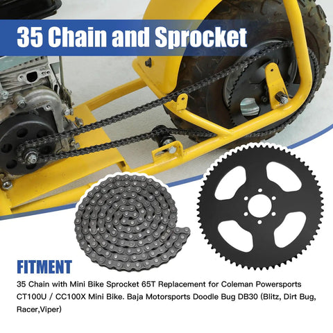 65 Tooth Sprocket And 35 Chain With 140 Links Replacement Kit For Coleman Baja Mini Bikes and Motovox Predator 97cc 100cc