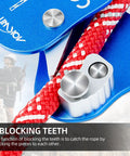 Close-up of blue climbing ascender fall protection belay device and rope grab for rock climbing mountaineering aluminum gear.