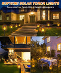 Four Pack Solar Tiki Torches With Flickering Flame decorate outdoor spaces at night, waterproof LED solar pathway lights for patio and yard