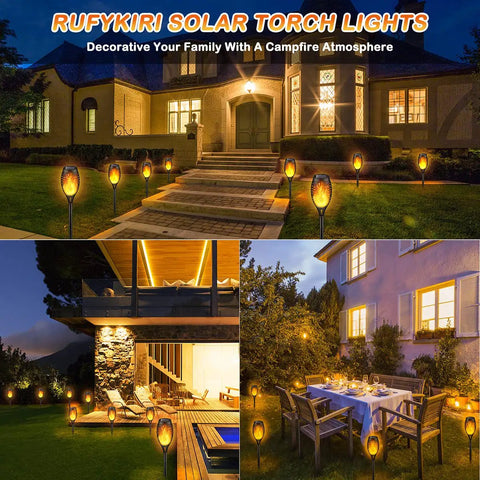 Four Pack Solar Tiki Torches With Flickering Flame decorate outdoor spaces at night, waterproof LED solar pathway lights for patio and yard