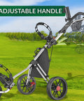 Legit Top Tier Aluminum Golf Push Cart Three Wheel Lightweight Folding Caddie showing adjustable handle and storage options.