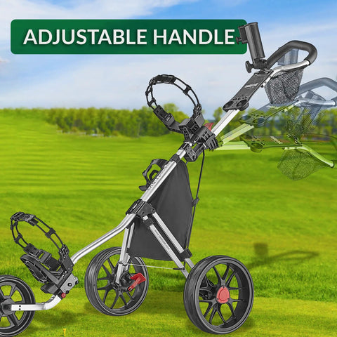 Legit Top Tier Aluminum Golf Push Cart Three Wheel Lightweight Folding Caddie showing adjustable handle and storage options.