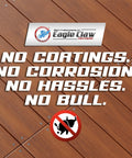 "No Coatings No Corrosion No Hassles No Bull" with brand logo on wood background, advertising 10 By 2 Inch Stainless Steel Deck Screws 304 Grade
