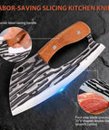 Two Piece Meat Cleaver Knife Set Steel Cleaver And Viking Style Boning Knife With Leather Sheath Ideal For Kitchen Prep Camping BBQ And Outdoor Cooking Heavy Duty Kitchen Tools showing ergonomic handle and slicing meat