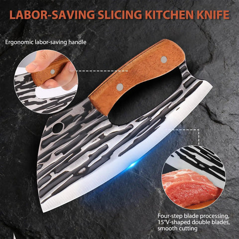 Two Piece Meat Cleaver Knife Set Steel Cleaver And Viking Style Boning Knife With Leather Sheath Ideal For Kitchen Prep Camping BBQ And Outdoor Cooking Heavy Duty Kitchen Tools showing ergonomic handle and slicing meat