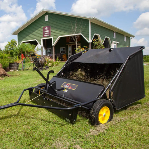 40 Inch Tow Behind Lawn Sweeper With Dethatcher And Hamper Windscreen 2 In 1 Dethatch And Sweep For Quick Yard Cleanups