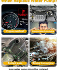 Symptoms indicating to replace water pump including engine overheating and coolant leaks.
