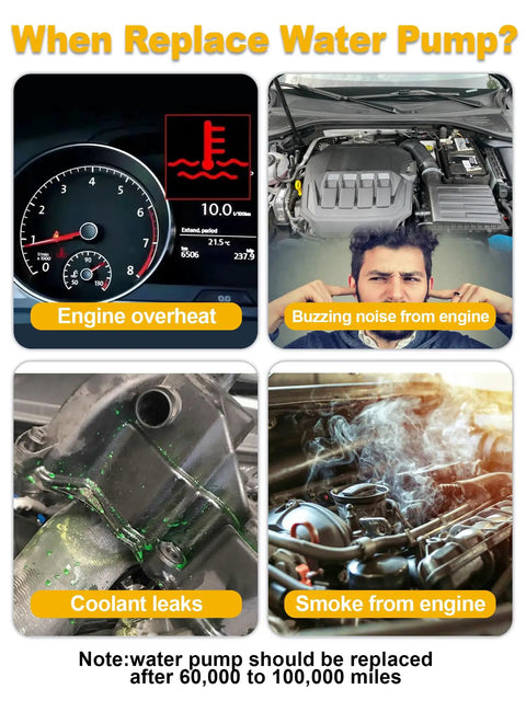 Symptoms indicating to replace water pump including engine overheating and coolant leaks.