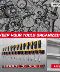 Image showing before and after of tool organization using Six Piece Magnetic Socket Organizer And Screwdriver Organizer Set With Three Socket Rails For Quarter Inch, Three Eighth Inch, And Half Inch Drives, Metric And SAE, Plus Three Holders For Screwdrivers And Wrenches, Tools Not Included.