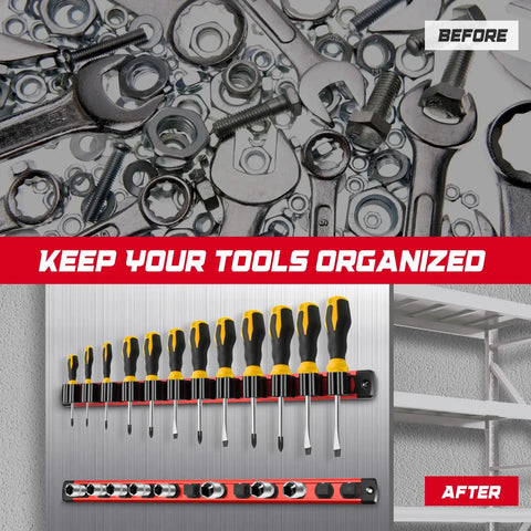 Image showing before and after of tool organization using Six Piece Magnetic Socket Organizer And Screwdriver Organizer Set With Three Socket Rails For Quarter Inch, Three Eighth Inch, And Half Inch Drives, Metric And SAE, Plus Three Holders For Screwdrivers And Wrenches, Tools Not Included.