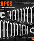 Heavy Duty 20 Piece Wrench Set Metric And SAE Includes Quarter Inch To Three Quarter Inch And 6 To 18mm Wrenches displayed