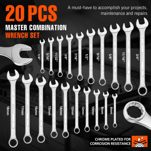 Heavy Duty 20 Piece Wrench Set Metric And SAE Includes Quarter Inch To Three Quarter Inch And 6 To 18mm Wrenches displayed
