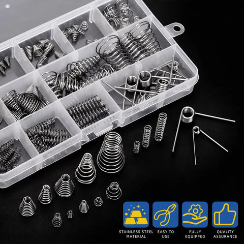 Tower Conical Spring Set 148-Piece with Assorted Taper Springs in compartment box, includes conical and straight springs