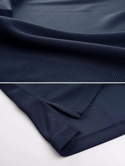 Close-up of Men's Navy Polo Shirt Short Sleeve Hike Ready and Hunt Ready, Quick-Dry Polyester Pique fabric texture and hem.