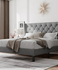 Super Solid Queen Bed Frame With Upholstered Wingback Headboard And Heavy Duty Wooden Slats Support, Noise Free Platform Bed With No Sweat Setup And Darn Good Build Quality, Light Gray in a bright room.