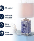 Blue And White Chinoiserie Ceramic Table Lamp With White Linen Drum Shade, Classic Hand Painted Bedside Lamp For Living Room Or Bedroom, 23 Inches Tall, LED Bulb Included, UL Listed Traditional Style in blue and white ceramic design with UL badge and features listed.