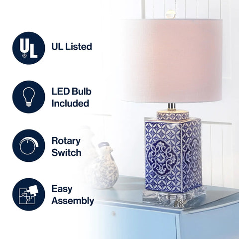 Blue And White Chinoiserie Ceramic Table Lamp With White Linen Drum Shade, Classic Hand Painted Bedside Lamp For Living Room Or Bedroom, 23 Inches Tall, LED Bulb Included, UL Listed Traditional Style in blue and white ceramic design with UL badge and features listed.