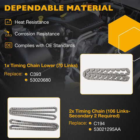 3.7L Engine Timing Chain Kit With VVT Sprockets shows timing chain layout, heat and corrosion resistance details.