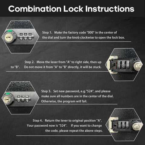 Combination lock instructions for Fireproof Document Safe Box With Dual Lock System, showing step-by-step setup process.