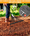 Heavy Duty Garden Leaf Rake With 22 Tines And 22.8 Inch Wide Head being used on lawn