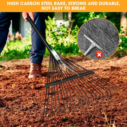 Heavy Duty Garden Leaf Rake With 22 Tines And 22.8 Inch Wide Head being used on lawn