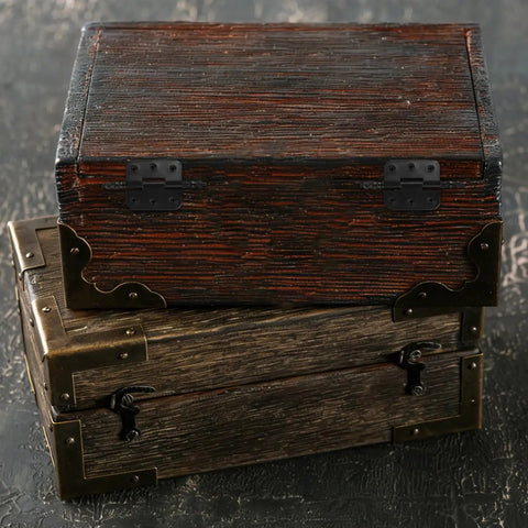 Stacked wooden boxes with 10 Pack Antique Hinges for Wooden Boxes and Jewelry Cases, showcasing vintage cabinet hardware.