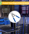 Heavy Duty Rotatable Dual Jaw Cage Nut Tool Kit With Ten M6 Silver Rack Screws Universal M4 Through M10 Quick Install Remover for Server Cabinets Data Centers Go-To Pro Gear, featuring dual grip tool with blue handles.