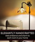 Tiffany Style Arched Floor Lamp With Stained Glass Shade And Jewel Accents, 62 Inch featuring elegant handcrafted design.