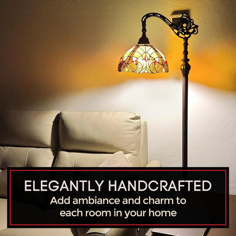 Tiffany Style Arched Floor Lamp With Stained Glass Shade And Jewel Accents, 62 Inch featuring elegant handcrafted design.