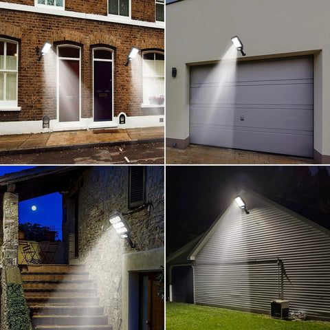 4 Pack Solar Street Lights Outdoor 279 LED Waterproof Wall Lights illuminating driveways and gardens with ultra-bright solar light.