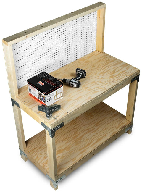 Workbench And Shelving Hardware Kit With RTC2Z Corner Connectors And Wafer Head Screws, assembled wooden workbench with tools