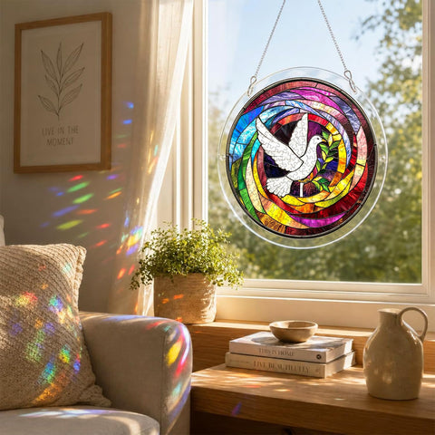 Dove Acrylic Sun Catcher Puzzle Kit For Doors Garden And Window Hanging, 7.4 inch clear sun catcher displayed in a sunny window.