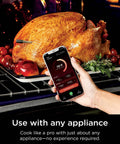 ProChef Wireless Meat Thermometer With Long Range Bluetooth Probe inserted in turkey, app showing temperature, oven use, WP100.