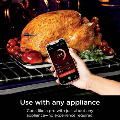ProChef Wireless Meat Thermometer With Long Range Bluetooth Probe inserted in turkey, app showing temperature, oven use, WP100.