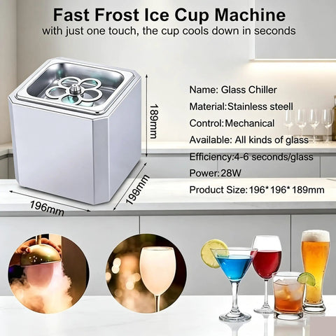 Kickass Countertop Glass Froster Ultra Fast Chiller Hella Quick One Touch Cooling For Cocktails Wine Beer Dope Led Color Light Six Second Chill with stainless steel finish.