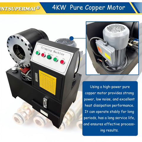 Kickass Heavy Duty Electric Hydraulic Pipe Crper And Hose Crimping Machine With Ten Interchangeable Dies For Six To Fifty One Mm Auto Brake Ac And Steering Tubes built with a 4KW pure copper motor.