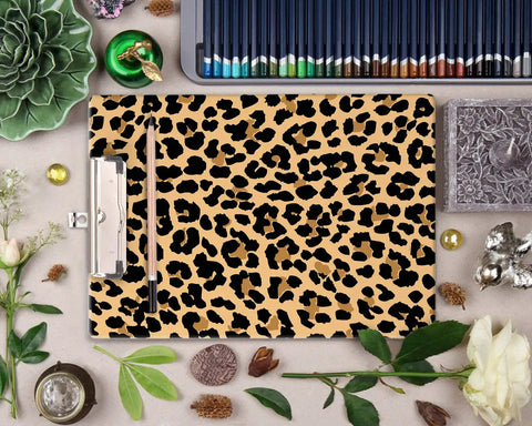 Leopard Print Clipboard For Office And School, Dope Decorative Hardboard Clipboard, A4 Letter Size 12.6 By 8.9 Inches shown on desk.