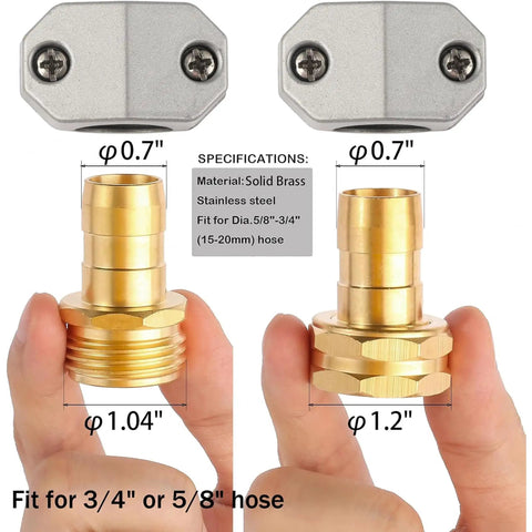 Upgrade Your Sprinkler Setup With This Solid Brass Garden Hose Repair Kit Featuring Two Sets Of Universal Connectors For 5/8 Inch And 3/4 Inch Tubes Plus Heavy Duty Male Female Mender Fittings To Fix Leaks Fast. Solid brass hose repair fittings for 5/8 and 3/4 inch hose